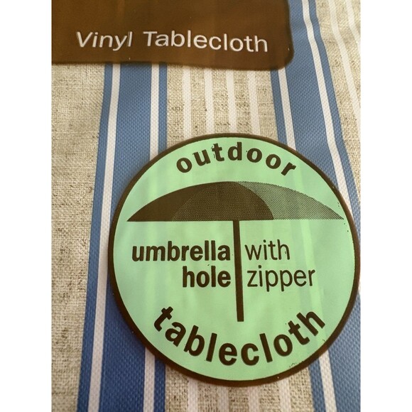 Tablecloth Vinyl Blue/tan 70 Inch Round With Umbrella Hole - Picture 3 of 5